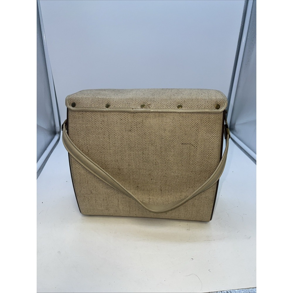 Vintage Jeweled Canvas Box Bag Purse Jewel Flowers Wood 1960's - Picture 4 of 7